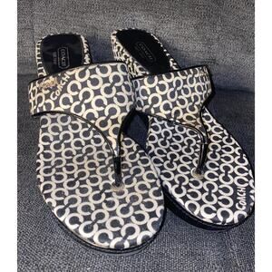 Womens Coach Felecia Wedge Thong Black and White Logo Sandals Size 9.5